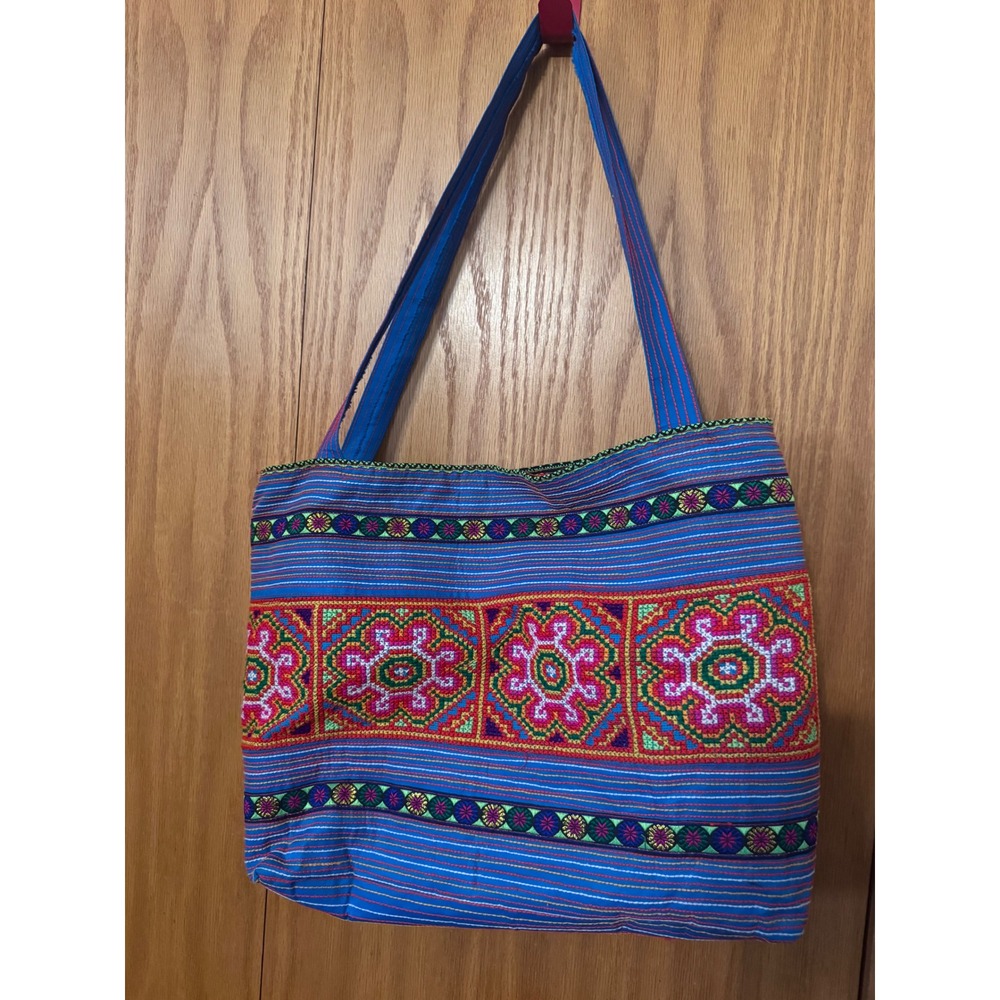 Boho Embroidered Tote Bag‎ Blue Floral Geometric Woven Shoulder Bag Zipper Top - Picture 6 of 6